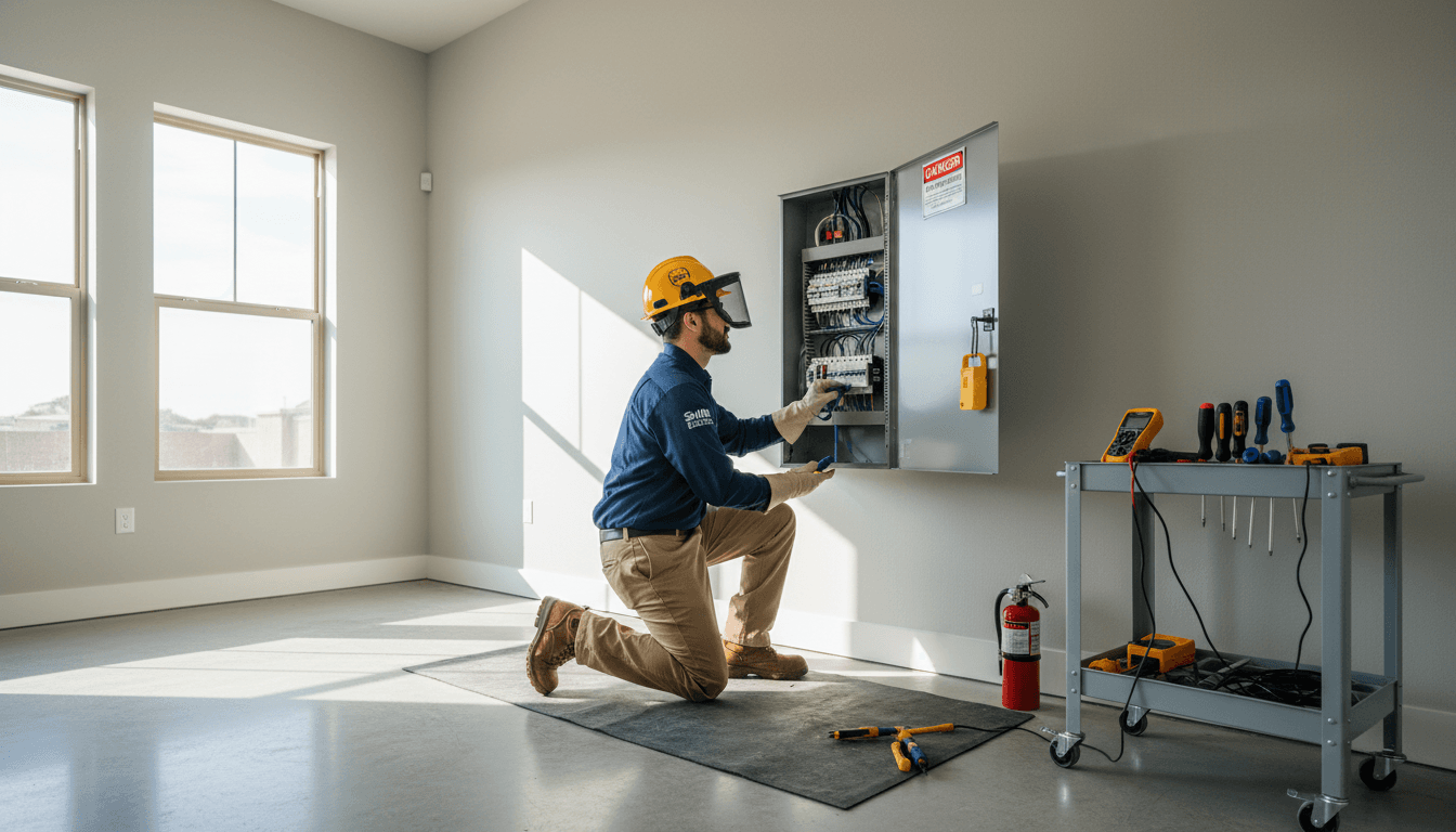 Professional electrician working safely on residential electrical panel